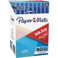 Paper Mate InkJoy Ballpoint Pen 1 mm Medium, Ultra Smooth Pen Point - Blue Ink - Oil Based - Clear Plastic Barrel - 60 / Box