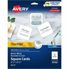 Avery® Clean Edge Square Cards, Rounded Corners, 2.5" x 2.5" (35702) 110 Brightness - 8 1/2" x 11" - 93 lb Basis Weight - 254 g/m² Grammage - Matte - Printable, Rounded Corner, Die-cut, Smooth Edge, Print-to-the-edge, Perforated, Avery Clean Edge