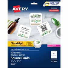 Avery® Clean Edge Square Cards, Rounded Corners, 2.5" x 2.5" (35703) 145 Brightness - A4 - 8 1/2" x 11" - 91 lb Basis Weight - 247 g/m² Grammage - Matte - Printable, Rounded Corner, Die-cut, Smooth Edge, Print-to-the-edge, Perforated, Avery Clean