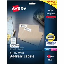 Avery® Address Labels, Glossy White, 2/3" x 1-3/4" , 600 Total (6523) 2/3" Height x 1 3/4" Width - Permanent Adhesive - Rectangle - Laser, Inkjet - Glossy - White - Paper - Permanent Adhesive, Peel & Stick, Pop Up Edge - 60 / Sheet - 10 Total Sheets -