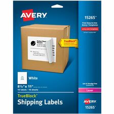 Avery® Internet Shipping Labels, 8-1/2" x 11" , 10 Labels (15265) 8 1/2" Width x 11" Length - Permanent Adhesive - Laser, Inkjet - Matte - White - Paper - Permanent Adhesive, Stick & Stay, Customizable, Jam Resistant, Smudge Resistant - 1 / Sheet - 10