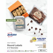 Avery® Print-To-The-Edge Kraft Brown Labels Waterproof - x 2 1/2" Diameter - Permanent Adhesive - Round - Inkjet, Laser - Matte Kraft Brown - Matte - Paper - Curl Resistant, Customizable, Permanent Adhesive, Print-to-the Edge, PVC-free, Recyclable, St