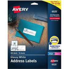 Avery® Easy Peel Glossy Address Labels 1" Width x 2 5/8" Length - Permanent Adhesive - Rectangle - Laser, Inkjet - Glossy - White - Paper - Permanent Adhesive, Peel & Stick, Pop Up Edge - 30 / Sheet - 10 Total Sheets - 300 Total Label(s) - 1500 / Cart
