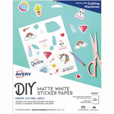 Avery® Matte White Sticker Project Paper Letter - 8 1/2" x 11" - Matte - Printable, Removable Adhesive, Die-cut, Repositionable, Lignin-free, Easy to Cut, Acid-free, PVC-free - White - 5 Sheets - 5 / Pack