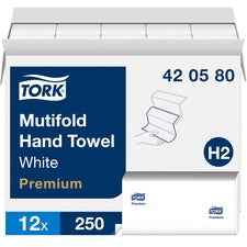 TORK Premium Multifold Hand Towel 1 Ply - Multifold - 9" Width x 9.50" Length - White - Paper - 250/Pack - 12 / Carton