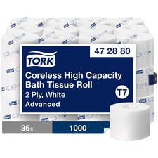 TORK Advanced Coreless High Capacity Bath Tissue 2 Ply4" Length - 1000 Sheets/Roll - 4.75" Roll Diameter - White - 36 / Carton