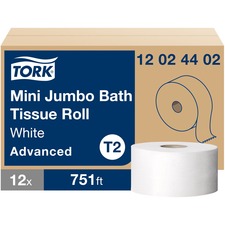 TORK Mini Jumbo Toilet Paper Roll White T2 2 Ply - 7.36" Roll Diameter - 2.34" Core - White - Fiber - 12 / Carton