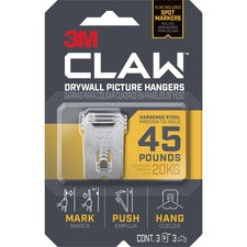 3M CLAW Drywall Picture Hanger 45 lb (20.41 kg) Capacity - for Pictures, Project, Mirror, Frame, Art, Home, Decoration - Steel - Gray - 3 / Pack