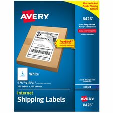 Avery® Printable Shipping Labels, 5.5" x 8.5" , 200 Labels (8426) 5 1/2" Width x 8 1/2" Length - Permanent Adhesive - Rectangle - Inkjet - White - Paper - Jam-free, Smudge-free, Stick & Stay - 2 / Sheet - 100 Total Sheets - 200 Total Label(s) - 200 /