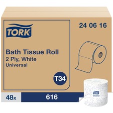 TORK Toilet Paper Roll White T34 2 Ply4" Length - 616 Sheets/Roll - 5" Roll Diameter - Leaf and Stitch embossing - White - Fiber - 48 / Carton