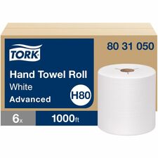 TORK Hand Towel Roll White H80 1 Ply - 7.85" Roll Diameter - 1 15/16" Core - White - Fiber - 6 Rolls Per CartonCarton - 6 / Carton