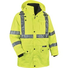 Ergodyne 4-in-1 High Visibility Jacket 3-Xtra Large - 54" Chest - Zipper Closure - Polyurethane, Polyurethane - Lime - Weather Proof, Chest Pocket, Mic Tab, Reflective Strip, High Visibility, Drawstring, Inset Hood, Removable Sleeve, Cell Phone Pocket, Sn