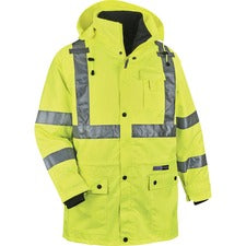 Ergodyne 4-in-1 High Visibility Jacket 4-Xtra Large - 58" Chest - Zipper Closure - Polyurethane, Polyurethane - Lime - Weather Proof, Chest Pocket, Mic Tab, Reflective Strip, High Visibility, Drawstring, Inset Hood, Removable Sleeve, Cell Phone Pocket, Sn