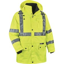 Ergodyne 4-in-1 High Visibility Jacket 5-Xtra Large - 62" Chest - Zipper Closure - Polyurethane, Polyurethane - Lime - Weather Proof, Chest Pocket, Mic Tab, Reflective Strip, High Visibility, Drawstring, Inset Hood, Removable Sleeve, Cell Phone Pocket, Sn