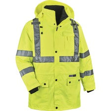 Ergodyne 4-in-1 High Visibility Jacket X-Large - 50" Chest - Zipper Closure - Polyurethane, Polyurethane - Lime - Weather Proof, Chest Pocket, Mic Tab, Reflective Strip, High Visibility, Drawstring, Inset Hood, Removable Sleeve, Cell Phone Pocket, Snap Cl
