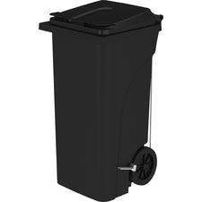 Safco 32 Gallon Plastic Step-On Receptacle 32 gal Capacity - Easy to Clean, Foot Pedal, Lightweight, Handle, Wheels, Mobility - 37" Height x 21.3" Width x 20" Depth - Plastic - Black - 1 Each