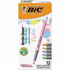 BIC Brite Liner Grip Highlighters, Assorted 1.6 mm Chisel Marker Point - Assorted, Pastel Yellow, Pastel Pink, Pastel Blue, Pastel Green, Pastel Purple, Pastel Orange Ink - 12 / Box