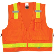 Ergodyne 8250ZHG Type R Class 2 Hi-Gloss Surveyors Vest Large/Extra Large - Zipper Closure - Poly, Mesh - Orange - Pocket, Mic Tab, Reflective - 1 Each