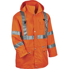 Ergodyne 8365 Type R Class 3 Rain Jacket Recommended for: Construction, Utility, Emergency, Airline Crew, Railway Worker, Survey Crew - Small - Drawstring Closure Closure - Polyurethane, Polyurethane - Orange - Breathable, Mic Tab, Durable, Water Proof, R
