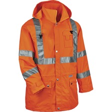 Ergodyne 8365 Type R Class 3 Rain Jacket Recommended for: Construction, Utility, Emergency, Airline Crew, Railway Worker, Survey Crew - Large - Drawstring Closure Closure - Polyurethane, Polyurethane - Orange - Breathable, Mic Tab, Durable, Water Proof, R