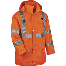Ergodyne 8365 Type R Class 3 Rain Jacket Recommended for: Construction, Utility, Emergency, Airline Crew, Railway Worker, Survey Crew - Extra Large - Drawstring Closure Closure - Polyurethane, Polyurethane - Orange - Breathable, Mic Tab, Durable, Water Pr
