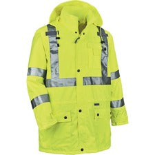 Ergodyne 8365 Type R Class 3 Rain Jacket Recommended for: Construction, Utility, Emergency, Airline Crew, Railway Worker, Survey Crew - Large - Drawstring Closure Closure - Polyurethane, Polyurethane - Lime - Breathable, Mic Tab, Durable, Water Proof, Rug