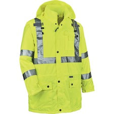 Ergodyne 8365 Type R Class 3 Rain Jacket Recommended for: Construction, Utility, Emergency, Airline Crew, Railway Worker, Survey Crew - 3-Xtra Large - Drawstring Closure Closure - Polyurethane, Polyurethane - Lime - Breathable, Mic Tab, Durable, Water Pro