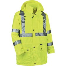 Ergodyne 8365 Type R Class 3 Rain Jacket Recommended for: Construction, Utility, Emergency, Airline Crew, Railway Worker, Survey Crew - 4-Xtra Large - Drawstring Closure Closure - Polyurethane, Polyurethane - Lime - Breathable, Mic Tab, Durable, Water Pro