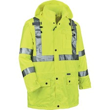 Ergodyne 8365 Type R Class 3 Rain Jacket Recommended for: Construction, Utility, Emergency, Airline Crew, Railway Worker, Survey Crew - 5-Xtra Large - Drawstring Closure Closure - Polyurethane, Polyurethane - Lime - Breathable, Mic Tab, Durable, Water Pro