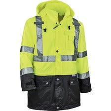 Ergodyne 8365BK Type R Class 3 Front Rain Jacket Recommended for: Construction, Utility, Emergency, Airline Crew, Railway Worker, Survey Crew - Medium - Drawstring Closure Closure - Polyurethane, Polyurethane - Lime - Breathable, Mic Tab, Durable, Zipper