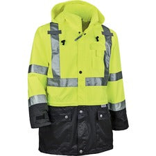 Ergodyne 8365BK Type R Class 3 Front Rain Jacket Recommended for: Construction, Utility, Emergency, Airline Crew, Railway Worker, Survey Crew - Extra Large - Drawstring Closure Closure - Polyurethane, Polyurethane - Lime - Breathable, Mic Tab, Durable, Zi