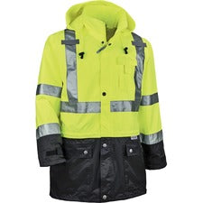 Ergodyne 8365BK Type R Class 3 Front Rain Jacket Recommended for: Construction, Utility, Emergency, Airline Crew, Railway Worker, Survey Crew - 5-Xtra Large - Drawstring Closure Closure - Polyurethane, Polyurethane - Lime - Breathable, Mic Tab, Durable, Z