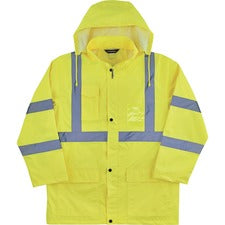 Ergodyne 8366 Lightweight Hi-Vis Rain Jacket - Type R, Class 3 Recommended for: Construction, Utility, Emergency, Airline Crew, Railway Worker, Survey Crew - Large - Hook & Loop Wrist - Drawstring Closure Closure - Polyurethane, 150D Oxford Polyester - Li