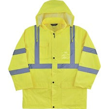Ergodyne 8366 Lightweight Hi-Vis Rain Jacket - Type R, Class 3 Recommended for: Construction, Utility, Emergency, Airline Crew, Railway Worker, Survey Crew - 4-Xtra Large - Hook & Loop Wrist - Drawstring Closure Closure - Polyurethane, 150D Oxford Polyest