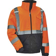 Ergodyne 8377 Type R Class 3 Hi-Vis Quilted Bomber Jacket Recommended for: Accessories, Construction, Baggage Handling, Gloves, Transportation - Large - Velcro Strap - Drawstring Closure Closure - Polyurethane, Polyurethane - Orange - Machine Washable, Mi