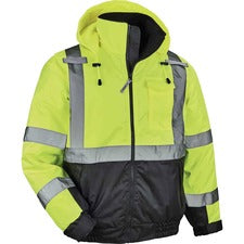 Ergodyne 8377 Type R Class 3 Hi-Vis Quilted Bomber Jacket Recommended for: Accessories, Construction, Baggage Handling, Gloves, Transportation - Large - Velcro Strap - Drawstring Closure Closure - Polyurethane, Polyurethane - Lime - Machine Washable, Mic