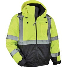 Ergodyne 8377 Type R Class 3 Hi-Vis Quilted Bomber Jacket Recommended for: Accessories, Construction, Baggage Handling, Gloves, Transportation - 3-Xtra Large - Velcro Strap - Drawstring Closure Closure - Polyurethane, Polyurethane - Lime - Machine Washabl