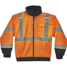 Ergodyne 8379 Type R Class 3 Hi-Vis Fleece Lined Bomber Jacket Recommended for: Accessories, Construction, Baggage Handling, Gloves, Transportation - Extra Large - Velcro Strap - Drawstring Closure Closure - Polyurethane, Polyurethane - Orange - Machine W