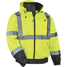 Ergodyne 8379 Type R Class 3 Hi-Vis Fleece Lined Bomber Jacket Recommended for: Accessories, Construction, Baggage Handling, Gloves, Transportation - 5-Xtra Large - Velcro Strap - Drawstring Closure Closure - Polyurethane, Polyurethane - Lime - Machine Wa