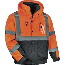 Ergodyne 8381 Hi-Vis 4-in-1 Bomber Jacket Type R Class 3 Recommended for: Accessories, Baggage Handling, Transportation, Snowmobiling, Hiking - 4-Xtra Large - Hook & Loop Wrist - Drawstring Closure Closure - Polyurethane, Polyurethane - Orange - Machine W