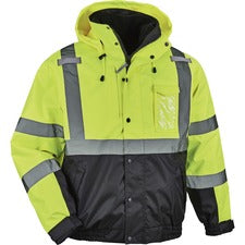 Ergodyne 8381 Hi-Vis 4-in-1 Bomber Jacket Type R Class 3 Recommended for: Accessories, Baggage Handling, Transportation, Snowmobiling, Hiking - 4-Xtra Large - Hook & Loop Wrist - Drawstring Closure Closure - Polyurethane, Polyurethane - Lime - Machine Was