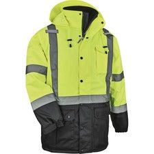 Ergodyne 8384 Type R Class 3 Hi-Vis Quilted Thermal Parka Recommended for: Accessories, Construction, Baggage Handling - Small - Velcro Strap - Drawstring Closure Closure - Polyurethane, Polyurethane - Lime - Machine Washable, Mic Tab, Cell Phone Pocket,