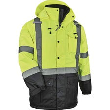Ergodyne 8384 Type R Class 3 Hi-Vis Quilted Thermal Parka Recommended for: Accessories, Construction, Baggage Handling - Large - Velcro Strap - Drawstring Closure Closure - Polyurethane, Polyurethane - Lime - Machine Washable, Mic Tab, Cell Phone Pocket,