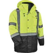 Ergodyne 8384 Type R Class 3 Hi-Vis Quilted Thermal Parka Recommended for: Accessories, Construction, Baggage Handling - 3-Xtra Large - Velcro Strap - Drawstring Closure Closure - Polyurethane, Polyurethane - Lime - Machine Washable, Mic Tab, Cell Phone P