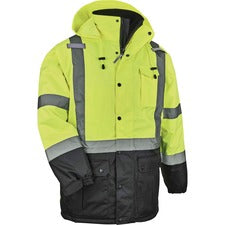 Ergodyne 8384 Type R Class 3 Hi-Vis Quilted Thermal Parka Recommended for: Accessories, Construction, Baggage Handling - 5-Xtra Large - Velcro Strap - Drawstring Closure Closure - Polyurethane, Polyurethane - Lime - Machine Washable, Mic Tab, Cell Phone P