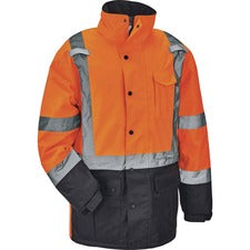Ergodyne 8384 Type R Class 3 Hi-Vis Quilted Thermal Parka Recommended for: Accessories, Construction, Baggage Handling - Large - Velcro Strap - Drawstring Closure Closure - Polyurethane, Polyurethane - Orange - Machine Washable, Mic Tab, Cell Phone Pocket