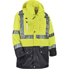 Ergodyne 8386 Type R Class 3 Outer Shell Jacket Medium - Rain, Dirt Protection - Zipper Closure - Polyurethane, Polyester Mesh, 300D Oxford Polyester - Lime - Breathable, Pocket, Front Pocket, Reflective, Mic Tab, Weather Proof, Inset Hood, Cell Phone Poc