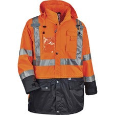 Ergodyne 8386 Type R Class 3 Outer Shell Jacket Small - Rain, Dirt Protection - Zipper Closure - Polyurethane, Polyester Mesh, 300D Oxford Polyester - Orange - Breathable, Pocket, Front Pocket, Reflective, Mic Tab, Weather Proof, Inset Hood, Cell Phone Po