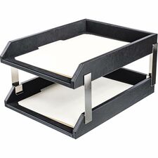 Dacasso Classic Leather Double Letter Trays Desktop - Black - Top Grain Leather, Velveteen - 1 Each