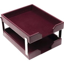 Dacasso Bonded Leather Double Letter Trays Desktop - Burgundy - Bonded Leather, Velveteen - 1 Each